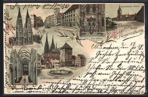 Lithographie Regensburg, Dom, Haidplatz, Moltke-Platz u. Römerturm