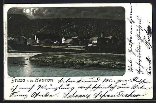 Lithographie Beuron, Ortsansicht vom Wasser aus gesehen