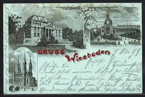 Mondschein-Lithographie Wiesbaden, Kgl. Theater, Kirche, Kuppel-Säulengebäude