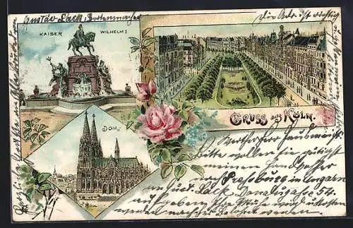 Lithographie Köln, Dom, Strasse mit Parkanlage aus der Vogelschau, Kaiser Wilhelm I.