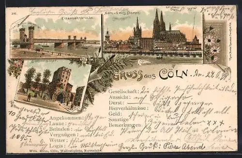 Lithographie Köln, Eisenbahnbrücke, Severinstor und Schiffbrücke