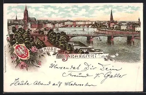 Lithographie Frankfurt, Totalansicht mit Mainbrücke, Kirche und Dom, Wappen