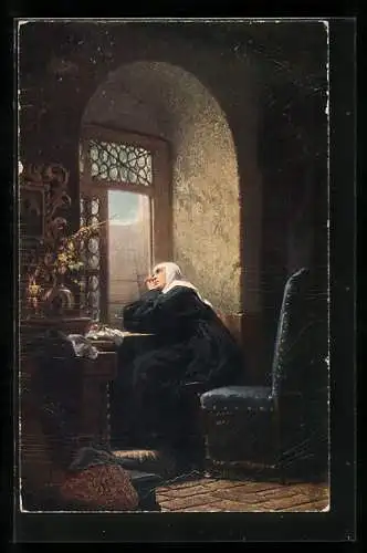 Künstler-AK sign. Gustav Adolf Kuntz: Junge Frau sitzt am Fenster