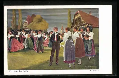 Künstler-AK sign. C. Spindler: Der Hahn im Korb, Tanz in Trachten