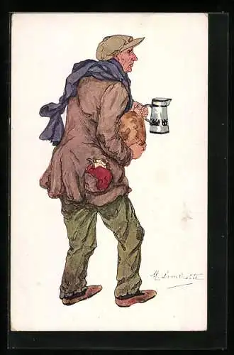 Künstler-AK sign. M. Lambrotte: Bruxelles, Types vus, Hiver 1914-1915, Brüsseler Bürger mit Brot und Krug