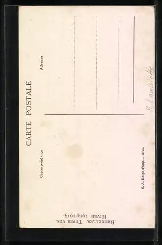 Künstler-AK sign. M. Lambrotte: Bruxelles, Types vus, Hiver 1914-1915, Brüsseler Bürger mit Brot und Krug