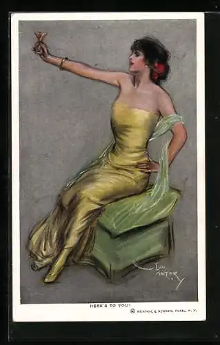 Künstler-AK Here`s to you!, elegante Dame erhebt ihr Glas