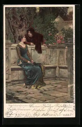 Künstler-AK sign. Menzler: Nachbarskinder, Mann und Frau unterhalten sich über eine Mauer hinweg