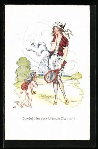 Künstler-AK Larson: Fräulein mit Tennisschläger und Amor, Soviel Herzen bringst Du mir?