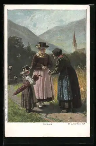 Künstler-AK sign. H. Lindenschmit: Sonntag, Frau mit ihrer Tochter und Mutter auf dem Feldweg zur Kirche