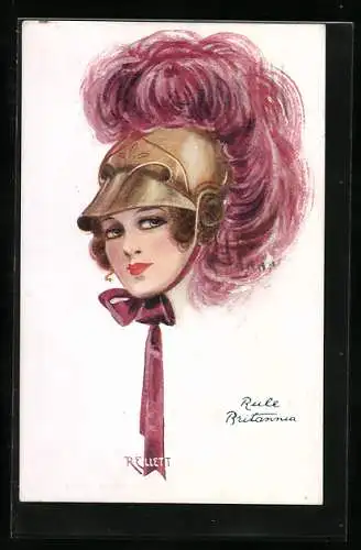 Künstler-AK sign. R. Ellett: Frau mit lockigem Haar und Legionärshelm mit roter Feder