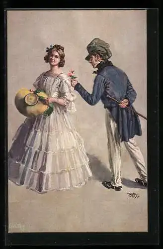 Künstler-AK sign. Care Leopold Voss: vornehmer Herr schenkt schöner Frau eine Rose