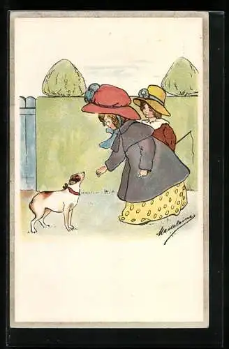 Künstler-AK sign. Madeleine: Mädchen füttert einen Hund