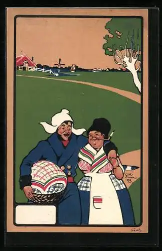 Künstler-AK sign. C. K. Cook: Bauern mit Windmühle