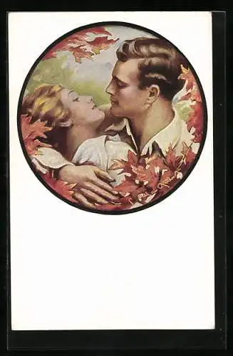 Künstler-AK sign. Gilbert: Liebespaar umarmt sich, herbstliche Blätter