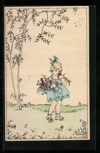 Künstler-AK sign. E. Heberg: Mädchen mit Blumenstrauss