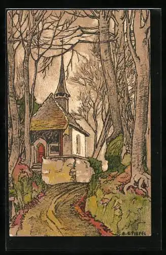 Künstler-AK sign. E. Stiefel: Kirche im Wald