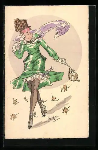 Künstler-AK sign. Miki: Dame im grünen Kleid