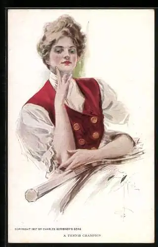 Künstler-AK Harrison Fisher: Frau mit einem Tennisschläger