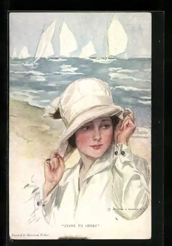 Künstler-AK Harrison Fisher: Close to Shore, Dame am Strand mit Segelbooten