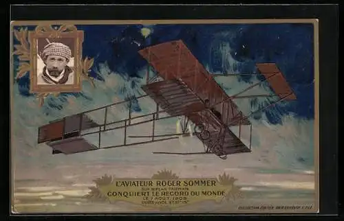 AK Pilot und Flugzeug, L`Aviateur Roger Sommer sur Biplan Farman, Conquiert le Record du Monde 1909