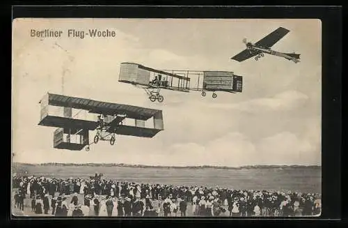 AK Berlin-Johannisthal, Flug-Woche, Flugzeuge in der Luft, Menschenmenge