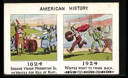 Künstler-AK Prohibition in Amerika 1924, Weisse versuchen Indianer Rum abzukaufen