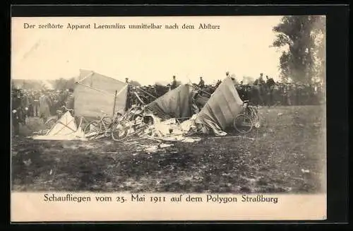 AK Strassburg, Schaufliegen vom 23. Mai 1911 auf dem Polygon, zerstörter Apparat Laemmlins