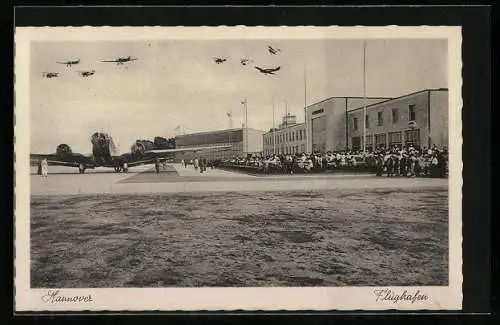 AK Hannover, Flughafen mit Flugzeugen im Flug