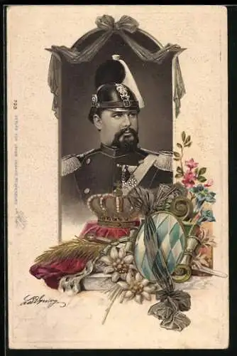 AK König Ludwig II. von Bayern in Uniform mit Helm, Wappen