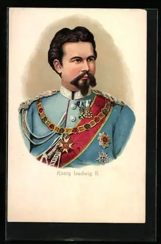 Lithographie Portrait von König Ludwig II. in Uniform