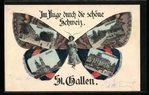 AK St. Gallen, Kathedrale, Broderbrunnen, Schweizerischer Bankverein, Frau mit Schmetterlingsflügeln