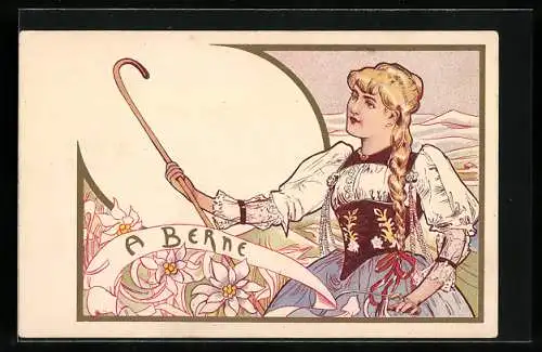 Lithographie A Berne, Blonde Schweizerin aus Bern