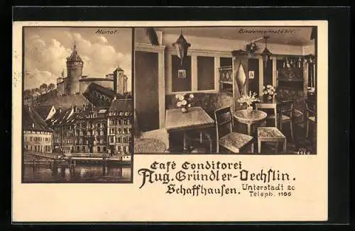 AK Schaffhausen, Café-Conditorei Aug. Bründler-Oechslin mit Biedermeierstübli, Munot