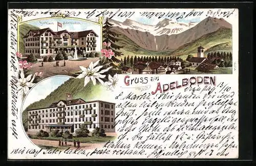 Lithographie Adelboden, Hotel-Pension Wildstrubel, das Kurhaus, Ortsansicht