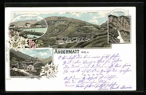 Lithographie Andermatt, Ortsansicht, Hospice du St. Gotthard, Pont du Diable