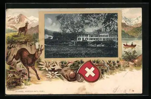 Präge-Lithographie Weissbad /Kt. Appenzell, Wanderausrüstung und Gämsen im Passepartout