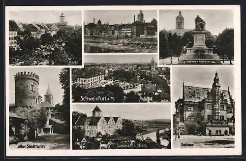 AK Schweinfurt a. M., Schloss Mainberg, Rathaus, Markt, Rückertdenkmal