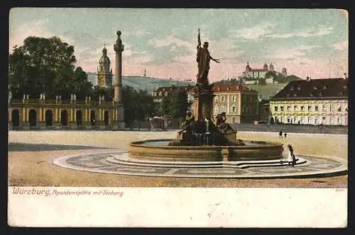 AK Würzburg, Residenzplatz mit Festung & Brunnen