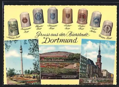 AK Dortmund, Brauereikarte mit Dortmunder Bier und Westfalenhalle