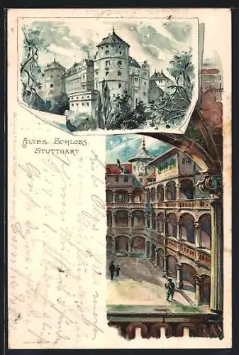 Lithographie Stuttgart, Altes Schloss, Hof mit Leuten