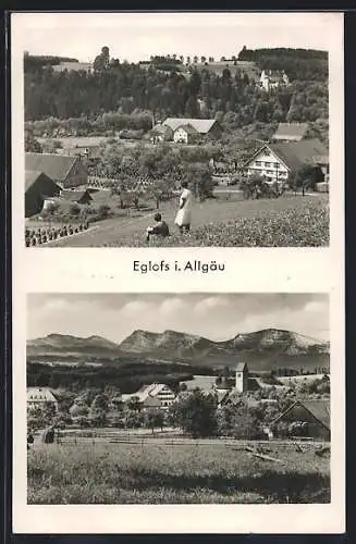 AK Eglofs i. Allgäu, Panorama, Ortspartie mit Kirche