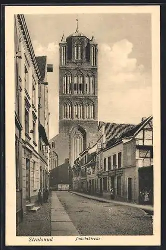 AK Stralsund, Strassenpartie mit Jakobikirche