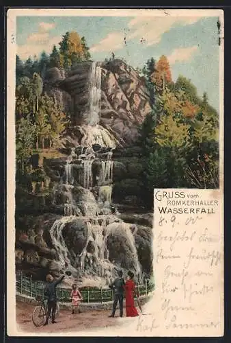 Lithographie Romkerhalle, Wasserfall und Besucher