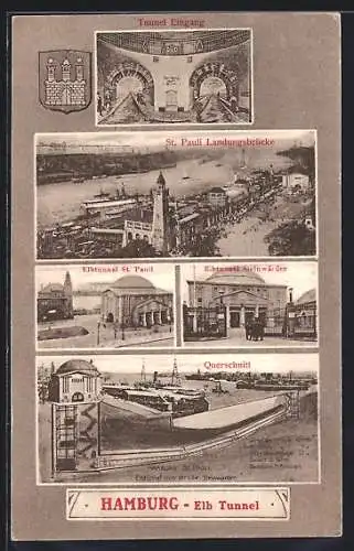 AK Hamburg-St. Pauli, Landungsbrücke, Elbtunnel und Querschnitt