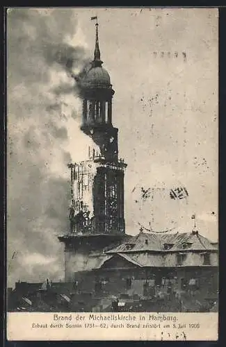 AK Hamburg-Neustadt, Brand der Michaeliskirche am 3. Juli 1906, teilw. ausgebrannter Turm