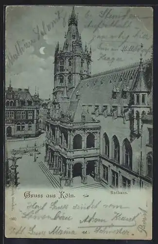 Mondschein-AK Köln, Rathaus mit Strassenpartie