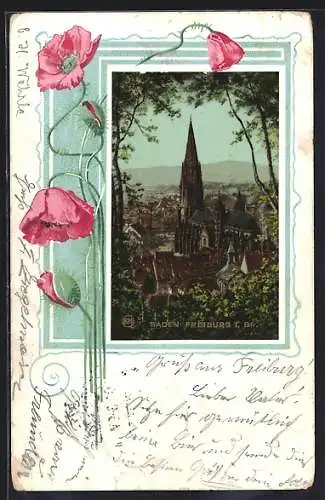 AK Freiburg i. Br., Teilansicht mit Kirche, Mohnblumen, Passepartout