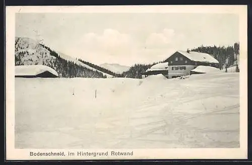 AK Schliersee, Unterkunftshaus Bodenschneid, Ortsansicht im Winter, mit Rotwand