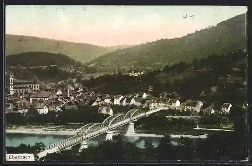 AK Eberbach / Baden, Ortsansicht mit Flusspartie und Brücke